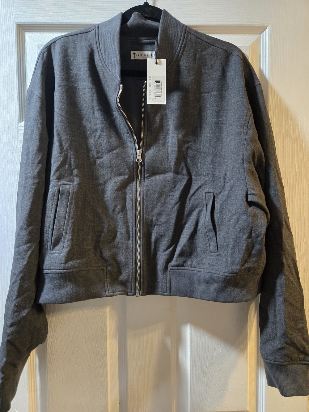 American Tall Gray Women's Bomber Jacket with Zip and Ribbed Trim